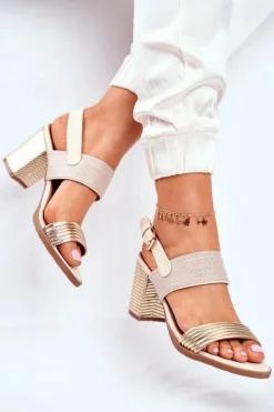 Evento Sandały Na Obcasie*Sandały Na Słupku Beżowo-Złote Emmy