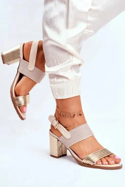 Evento Sandały Na Obcasie*Sandały Na Słupku Beżowo-Złote Emmy