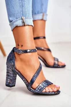Damskie Buty Sergio Leone Sandały Na Słupku Sergio Leone SK870 Granatowe Zwierzęcy Wzór