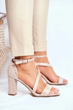 Damskie Buty Sergio Leone Sandały Na Słupku Sergio Leone SK870 Beżowe Zwierzęcy Wzór