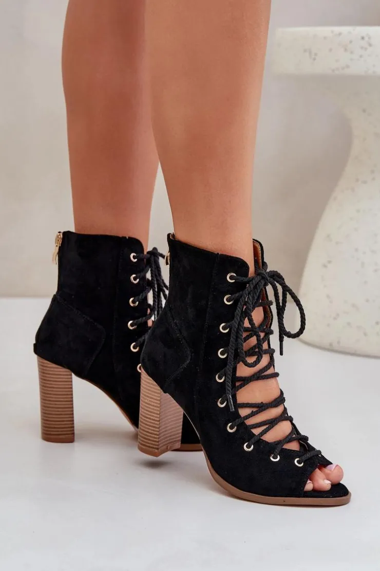 Damskie Boto Sandały Na Słupku Z Cholewką I Sznurowaniem Czarne Ivelseki