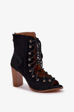 Damskie Boto Sandały Na Słupku Z Cholewką I Sznurowaniem Czarne Ivelseki