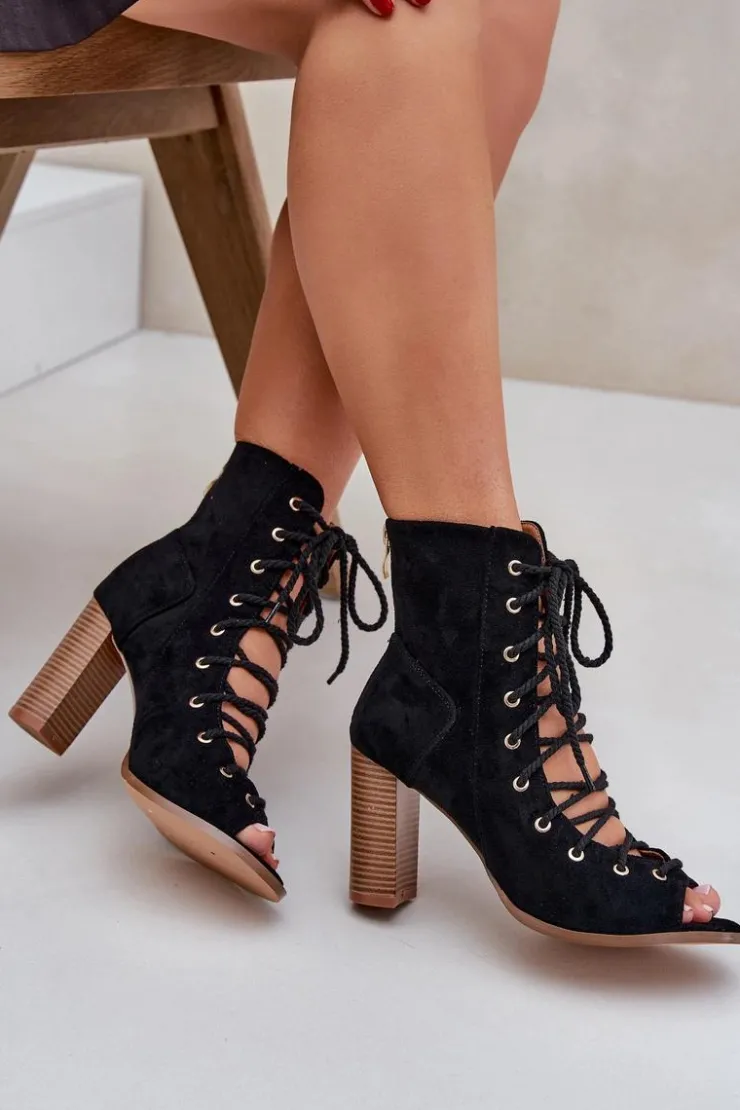 Damskie Boto Sandały Na Słupku Z Cholewką I Sznurowaniem Czarne Ivelseki