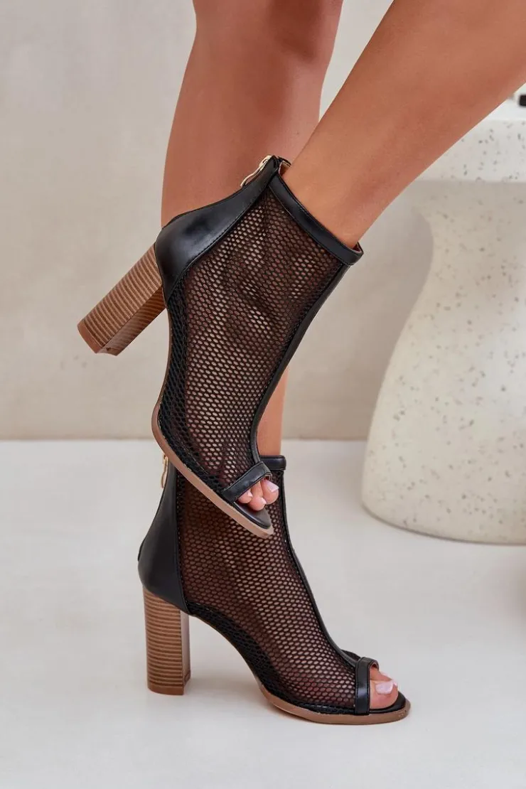 Damskie Boto Sandały Na Słupku Z Cholewką Czarne Taniffia