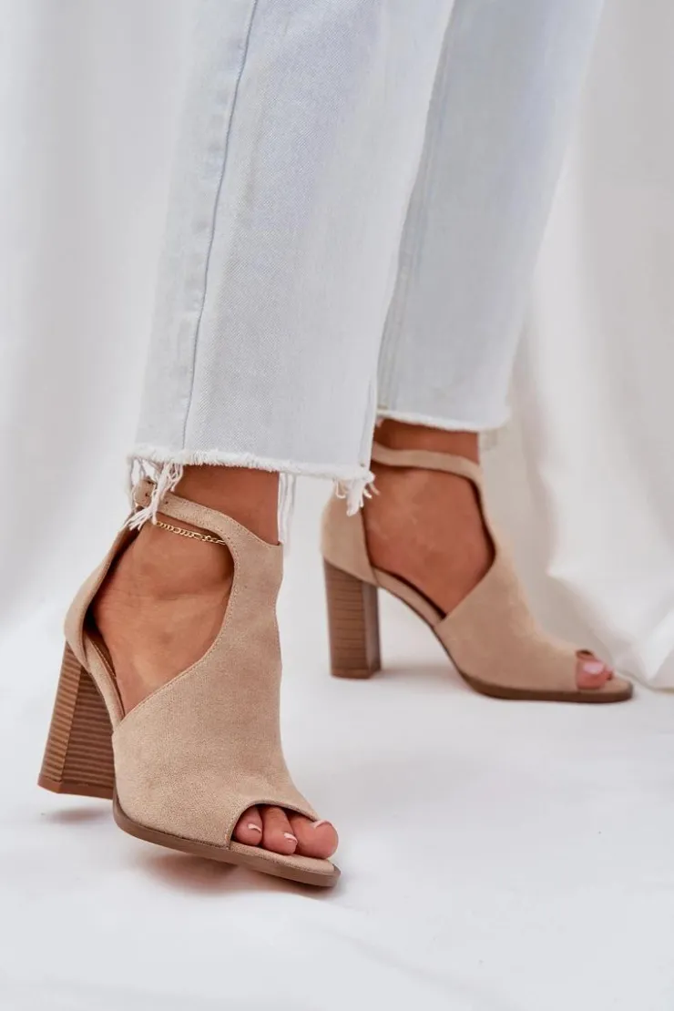 Boto Sandały Na Słupku|Sandały Na Obcasie*Sandały Na Słupku Z Eko Zamszu Beżowe Lanadriena Beżowy