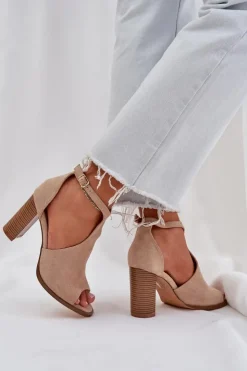 Boto Sandały Na Słupku|Sandały Na Obcasie*Sandały Na Słupku Z Eko Zamszu Beżowe Lanadriena Beżowy