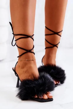 Boto Sandały Na Obcasie*Sandały Na Szpilce Z Futerkiem Czarne Lindsay