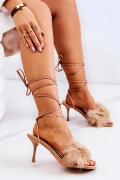 Damskie Boto Sandały Na Szpilce Z Futerkiem Beżowe Lindsay