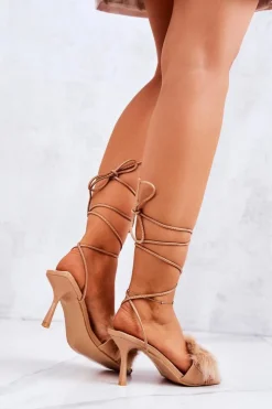 Damskie Boto Sandały Na Szpilce Z Futerkiem Beżowe Lindsay