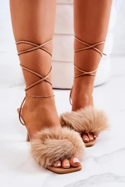 Damskie Boto Sandały Na Szpilce Z Futerkiem Beżowe Lindsay