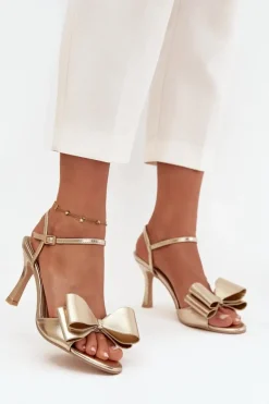 Damskie Boto Sandały Na Szpilce Z Kokardą Złote Noliva