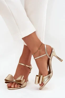 Damskie Boto Sandały Na Szpilce Z Kokardą Złote Noliva