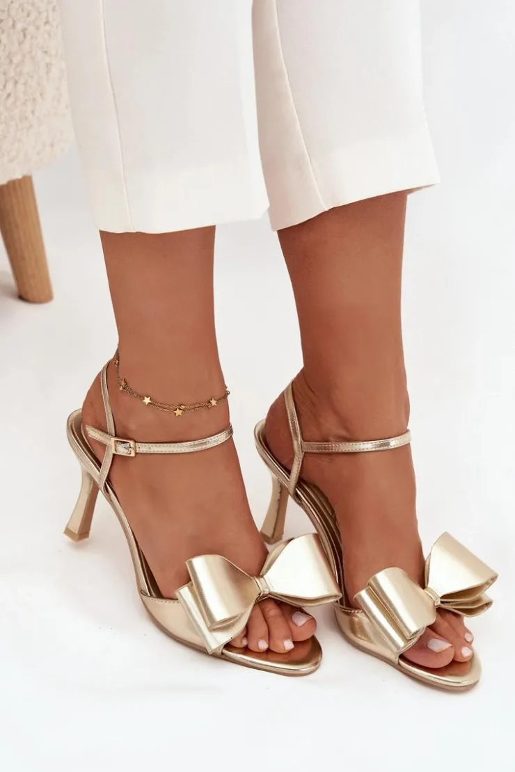 Damskie Boto Sandały Na Szpilce Z Kokardą Złote Noliva