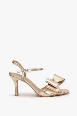 Damskie Boto Sandały Na Szpilce Z Kokardą Złote Noliva