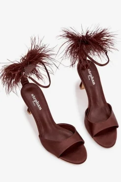 Damskie Boto Sandały Na Szpilce Z Piórami Czekoladowe Caelina