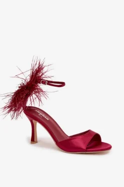 Boto Sandały Na Obcasie*Sandały Na Szpilce Z Piórami Bordowe Caelina Czerwony