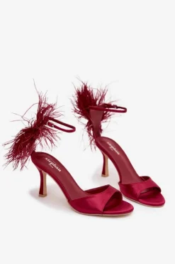 Boto Sandały Na Obcasie*Sandały Na Szpilce Z Piórami Bordowe Caelina Czerwony