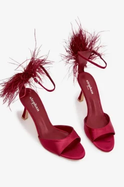 Boto Sandały Na Obcasie*Sandały Na Szpilce Z Piórami Bordowe Caelina Czerwony