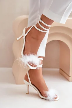 Damskie Boto Sandały Na Szpilce Z Piórami Białe Emilettra