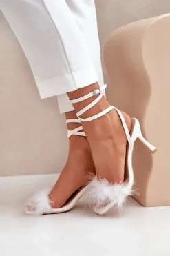 Damskie Boto Sandały Na Szpilce Z Piórami Białe Emilettra