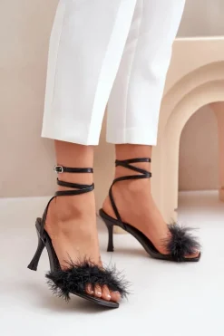 Boto Sandały Na Obcasie*Sandały Na Szpilce Z Piórami Czarne Emilettra