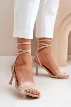 Damskie Boto Sandały Na Szpilce Z Piórami Beżowe Emilettra