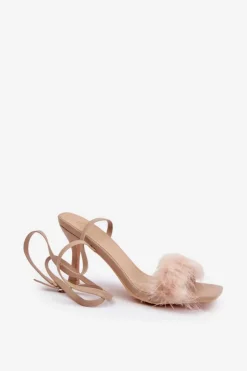 Damskie Boto Sandały Na Szpilce Z Piórami Beżowe Emilettra