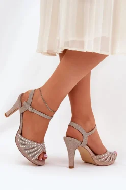 D&A Sandały Na Obcasie*Sandały Na Szpilce Ze Zdobieniem I Brokatem MR1038-33 Szampańskie