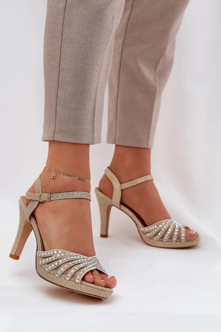 New D&A Sandały Na Szpilce Ze Zdobieniem I Brokatem MR1038-33 Złote Złoty