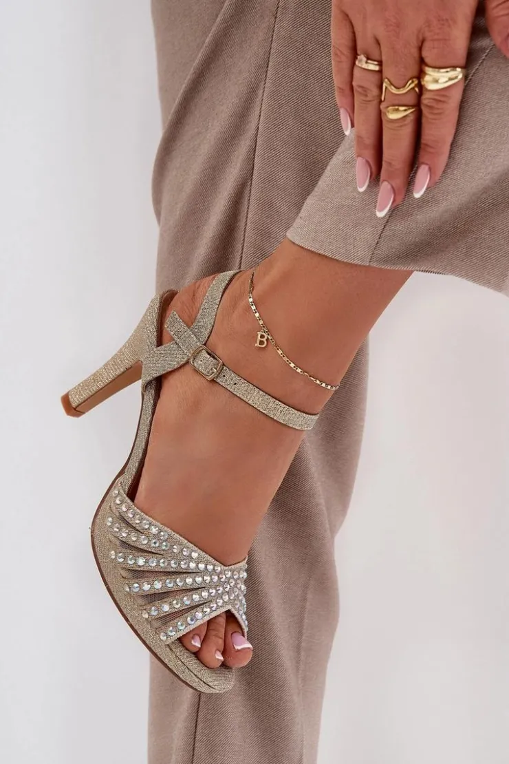 New D&A Sandały Na Szpilce Ze Zdobieniem I Brokatem MR1038-33 Złote Złoty