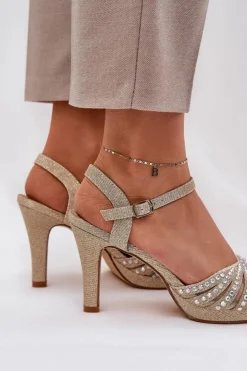 New D&A Sandały Na Szpilce Ze Zdobieniem I Brokatem MR1038-33 Złote Złoty