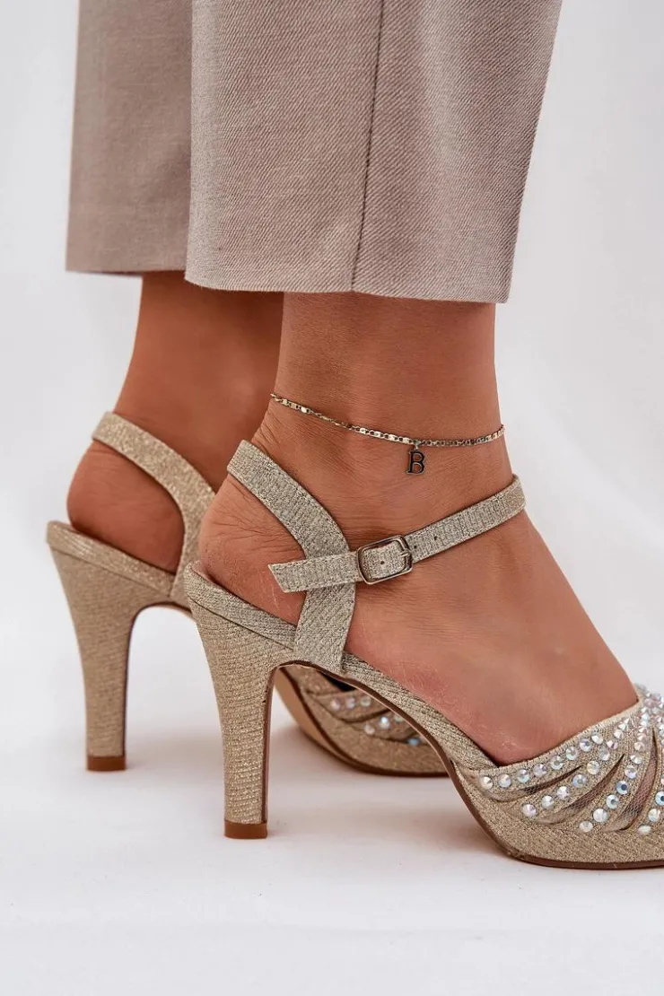 New D&A Sandały Na Szpilce Ze Zdobieniem I Brokatem MR1038-33 Złote Złoty