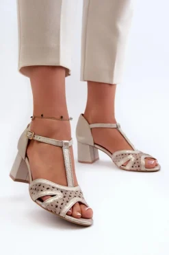 Outlet Maciejka Sandały Skórzane Damskie Na Obcasie 06551-04 Beżowo-Złote