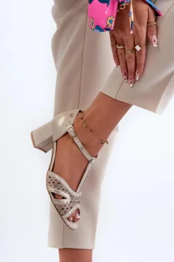 Outlet Maciejka Sandały Skórzane Damskie Na Obcasie 06551-04 Beżowo-Złote