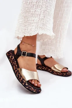 Damskie buty S.Barski Sandały Skórzane Damskie Na Platformie Z Panterką S.Barski JC51-347 Złote