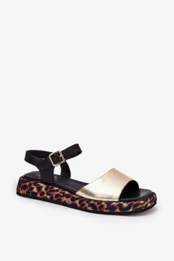 Damskie buty S.Barski Sandały Skórzane Damskie Na Platformie Z Panterką S.Barski JC51-347 Złote