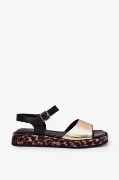 Damskie buty S.Barski Sandały Skórzane Damskie Na Platformie Z Panterką S.Barski JC51-347 Złote