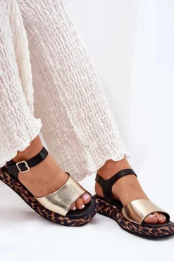 Damskie buty S.Barski Sandały Skórzane Damskie Na Platformie Z Panterką S.Barski JC51-347 Złote