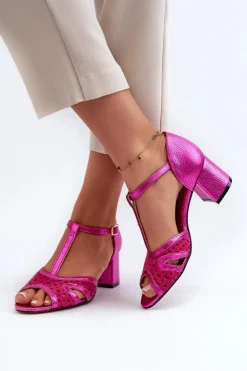 Maciejka Sandały Na Obcasie*Sandały Skórzane Damskie Na Obcasie 06551-15 Fuksja Różowy