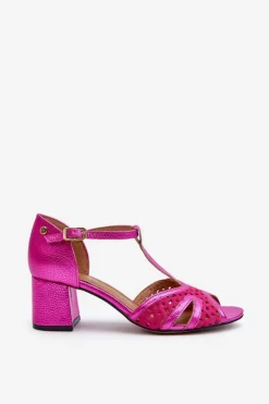 Maciejka Sandały Na Obcasie*Sandały Skórzane Damskie Na Obcasie 06551-15 Fuksja Różowy