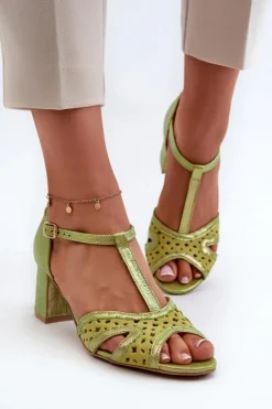 Sale Maciejka Sandały Skórzane Damskie Na Obcasie 06551-09 Limonkowe Zielony