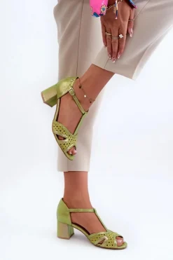 Sale Maciejka Sandały Skórzane Damskie Na Obcasie 06551-09 Limonkowe Zielony