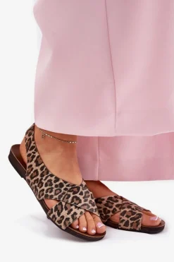 Damskie Zazoo Sandały Skórzane Damskie Panterka Brązowe 40407