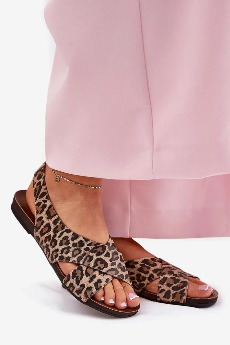 Damskie Zazoo Sandały Skórzane Damskie Panterka Brązowe 40407