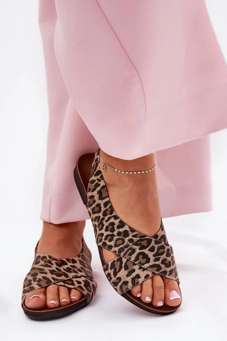 Damskie Zazoo Sandały Skórzane Damskie Panterka Brązowe 40407