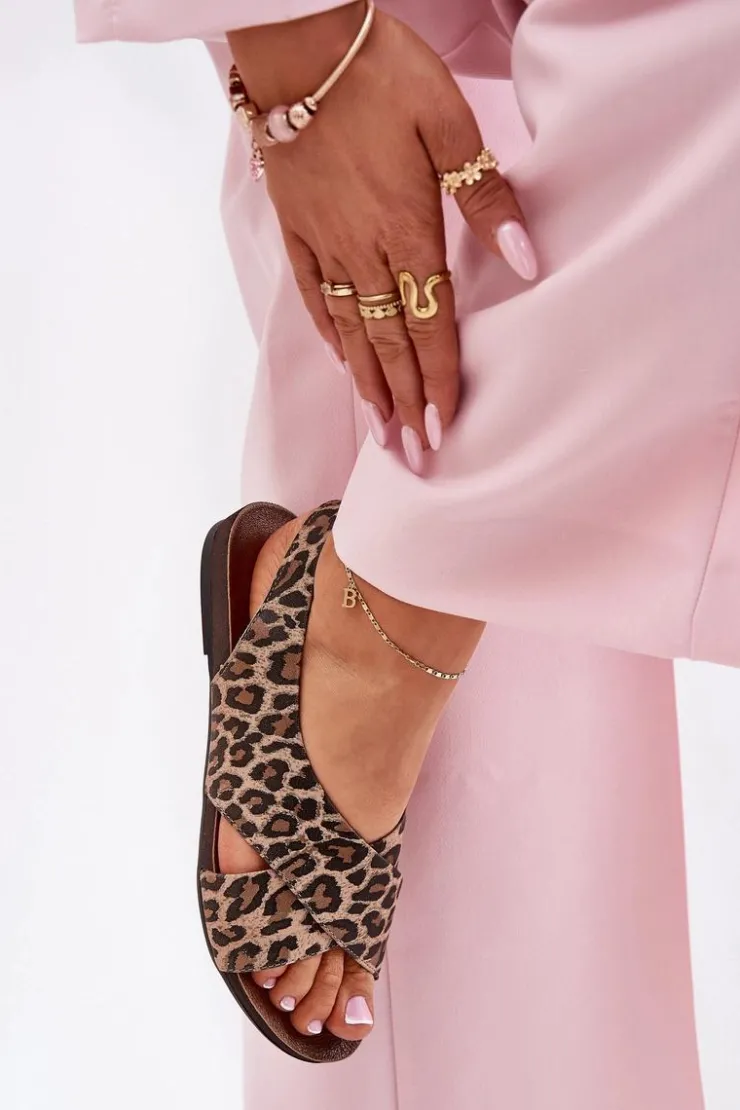 Damskie Zazoo Sandały Skórzane Damskie Panterka Brązowe 40407