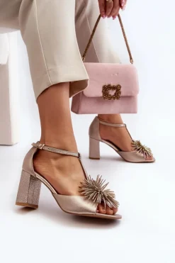 Best Laura Messi Sandały Skórzane Na Słupku Z Ozdobą 2758 Złote