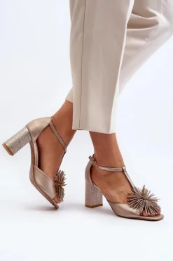 Best Laura Messi Sandały Skórzane Na Słupku Z Ozdobą 2758 Złote