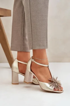 Damskie Laura Messi Sandały Skórzane Na Słupku Z Ozdobą 2758 Złote