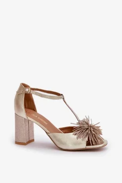 Damskie Laura Messi Sandały Skórzane Na Słupku Z Ozdobą 2758 Złote